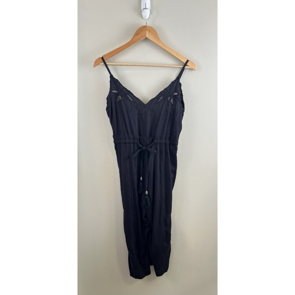Free People NWT Women's Black Strappy Cropped Jumpsuit Embroidered Sz XS Pockets